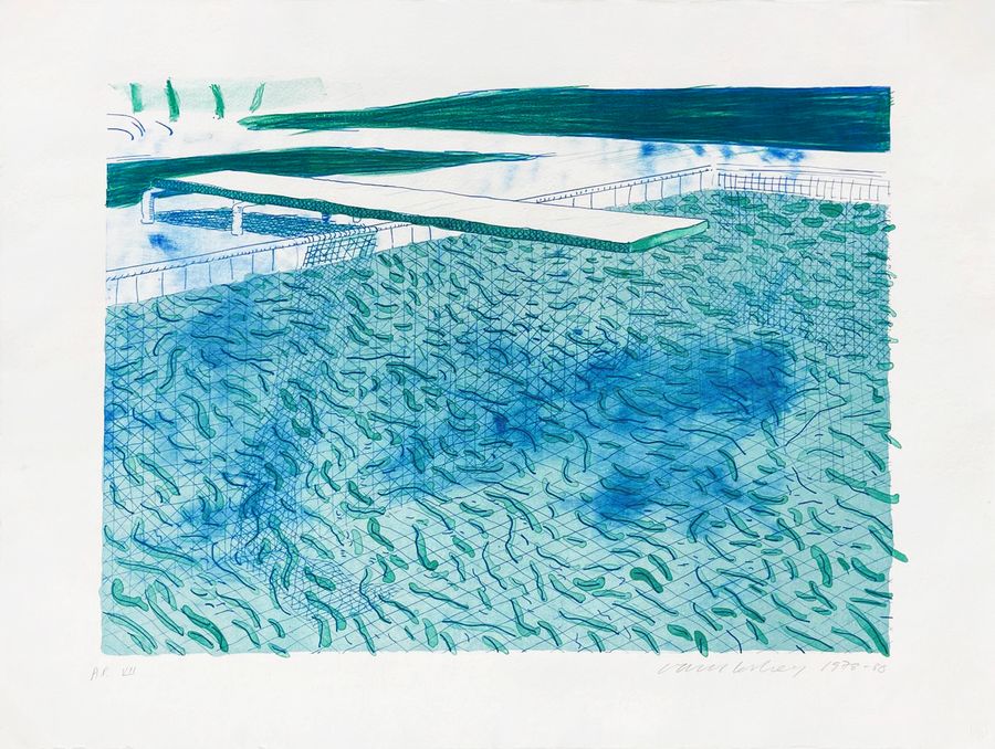Lithograph of Water Made of Lines, a Green Wash, and a Light Blue Wash